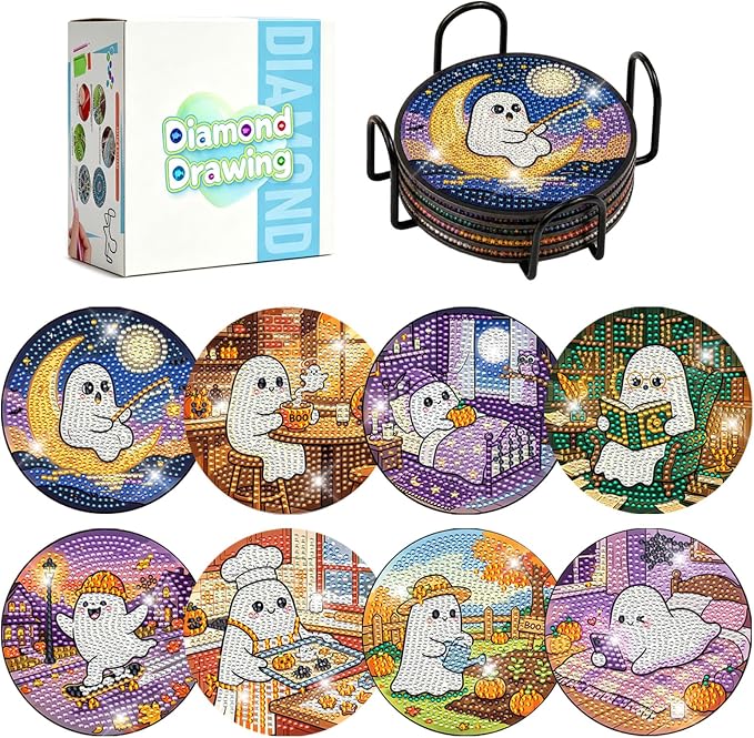 Mrrainy 8 Pcs Ghost Diamond Painting Coasters Kit for Adults with Holder - skull coaster