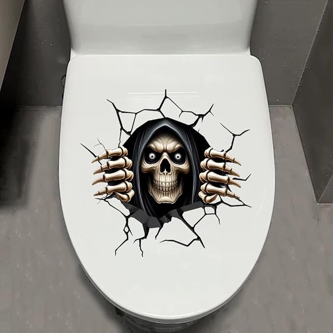1pcs Funny Crack Skeleton Toilet Lid Sticker, Halloween Horror Broken Wall Skull Toilet Seat Cover Decal, Waterproof Double-Sided Spooky Death Bathroom Wall Stickers (Death – 4)