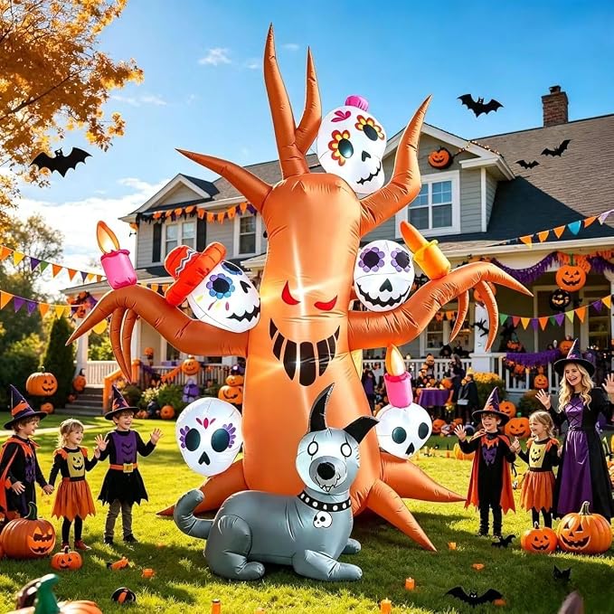 8FT Halloween Inflatable Outdoor Decorations Haunted Tree with Skeleton Dog - skull inflatable