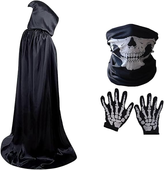 Halloween Grim Reaper Costume Set, Hooded Cloak Skull Mask & Gloves - sugar skull costume