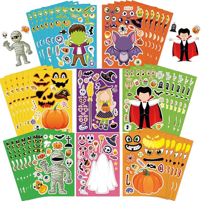 Halloween Party Favors - 48 Sheets DIY Crafts Halloween Stickers for Kids Halloween Decorations Make a Face Stickers Games Classroom Activities Gifts Party Supplies Goodie Bag Stuffers, 6.29*4.33 in - skull sticker
