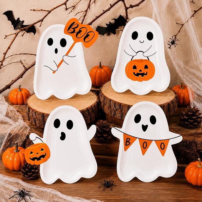 48Pcs Halloween Paper Plates, Ghost Paper Plates, 4 Cute Ghost Designs - skull plate