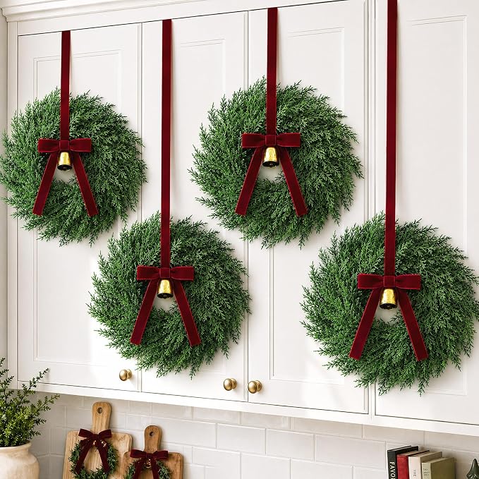 Christmas Decorations, Mini Christmas Wreaths for Cabinets with Bows Bells