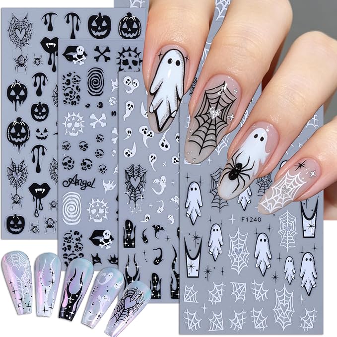 Halloween Skull Nail Art Stickers Spooky Pumpkin Nail Decals 4 Sheets - skull sticker