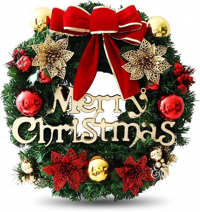 Christmas Wreaths for Front Door,12″ Artificial Christmas Door Wreath with Holly Leaves, Red Bow, Baubles & Merry Christmas Sign, Indoor Outdoor Xmas Decoration for Front Door, Wall, Window