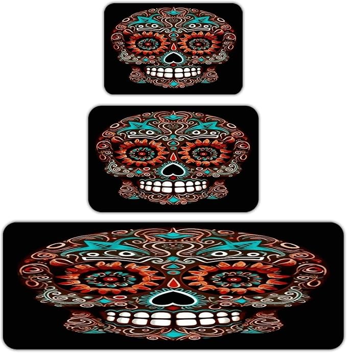 Sugar Skulls Day of The Dead 3-Piece Kitchen Rug Indoor Door Mat - skull toilet mat