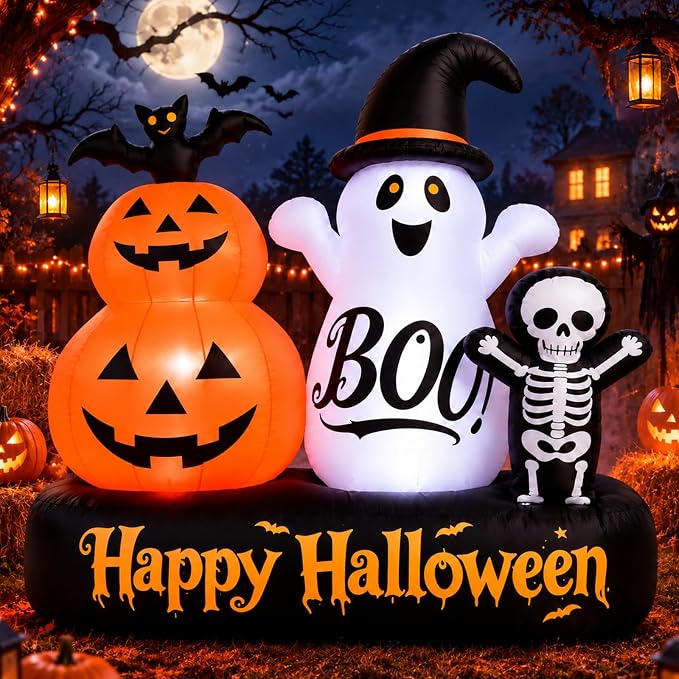 6 FT Halloween Inflatables Ghost Outdoor Decorations, Blow Up Cute Wizard Ghost with Pumpkin, Blow Up Yard Decoration with LED for Halloween Lawn Garden Party Decor