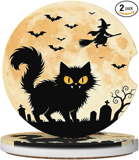 Halloween Cat 2 Pcs Ceramic Coasters Car Cup Holder Coaster Drink Mat - skull coaster