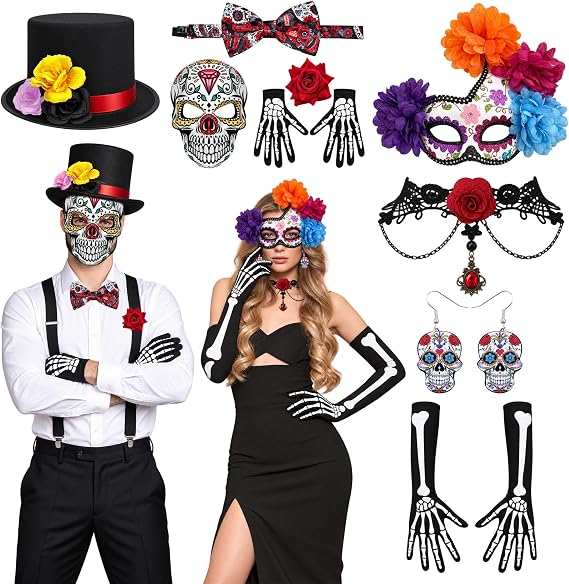 9 Pcs Halloween Day of the Dead Couple Costume Set Dia De Los Muertos Matching Outfit Top Hat Mask Skeleton Gloves Earrings Necklace for Halloween Masquerade Parade Party Women Men Couple Cosplay - sugar skull costume
