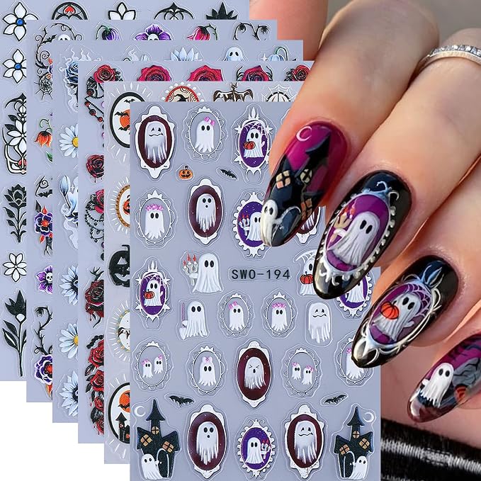5D Embossed Halloween Nail Stickers 6PCS Dark Gothic Self Adhesive Decals - skull sticker