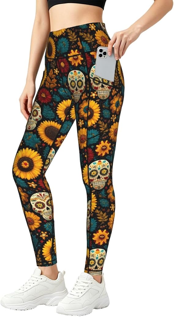 Women's Yoga Leggings with Pockets-Sugar Skull - skull leggings