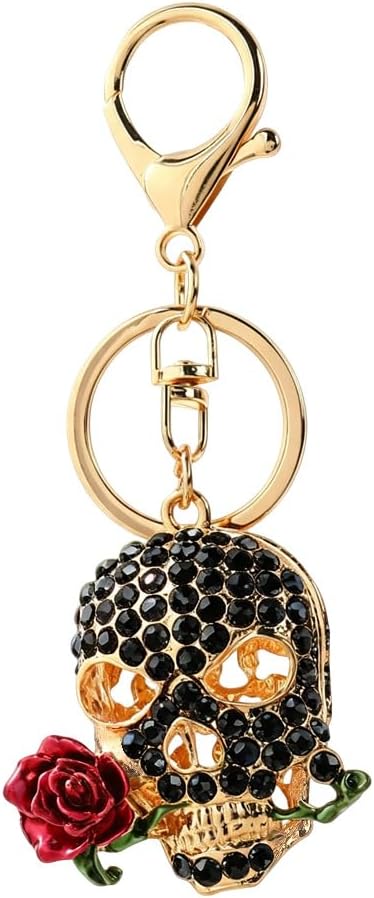 Skull Rose Keychain Rhinestone Bag Charm for Backpack - sugar skull handbags for sale