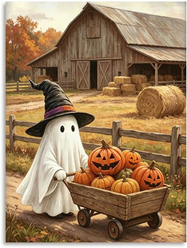 B BLINGBLING Autumn Halloween Wall Art – Cozy Ghost in a Sheet and Witch Hat Pushing a Wooden Wagon Full of Pumpkins – Rustic Barn Harvest Scene for Fall Decor in Living Room or Nursery 12 x 16 Inch