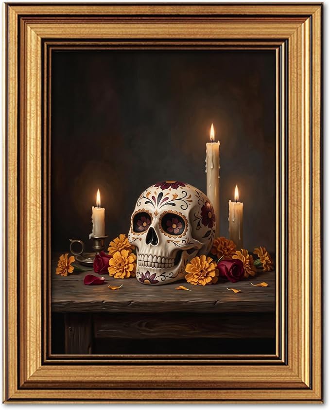 Dia de los Muertos Sugar Skull & Candle Canvas Wall Art Framed - sugar skull dress