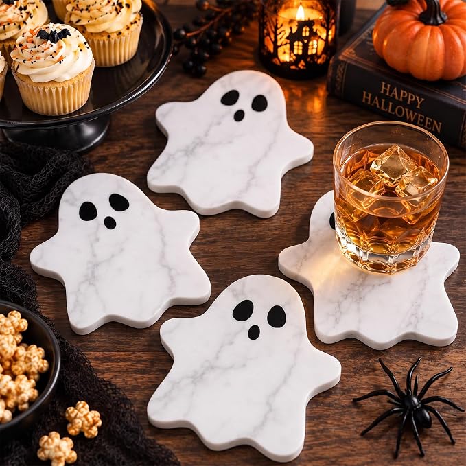 Whaline 4Pcs Halloween Marble Drink Coasters, White Ghost, 6 x 5 Inch - skull coaster