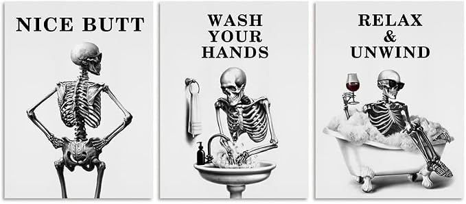 B BLINGBLING Skeleton Wall Art Decor – Black and White Minimalist Skeleton Illustration with Bold Phrases NICE BUTT WASH YOUR HANDS RELAX & UNWIND – Quirky Halloween Home Office Gift Set of 3 12x16In