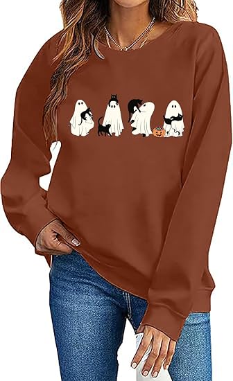 Halloween Sweatshirt Women Ghost Graphic Tee Casual Crewneck Pullover Tops - skull sweatshirts