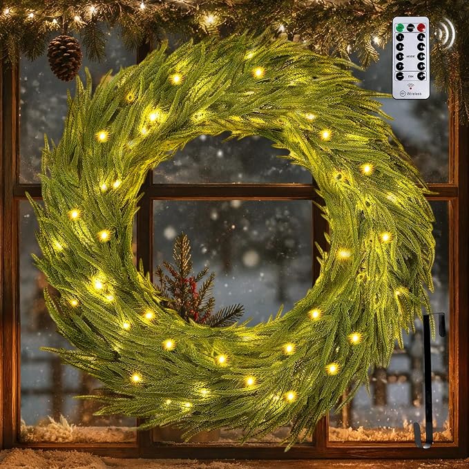 BLOSMON 36 Inch Large Prelit Christmas Wreath for Outdoor, Battery Operated - skull wreath