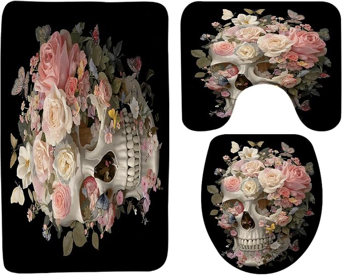 3pcs Gothic Sugar Skull Bath Mat Set Halloween Floral(18x30 Inch) - skull toilet mat
