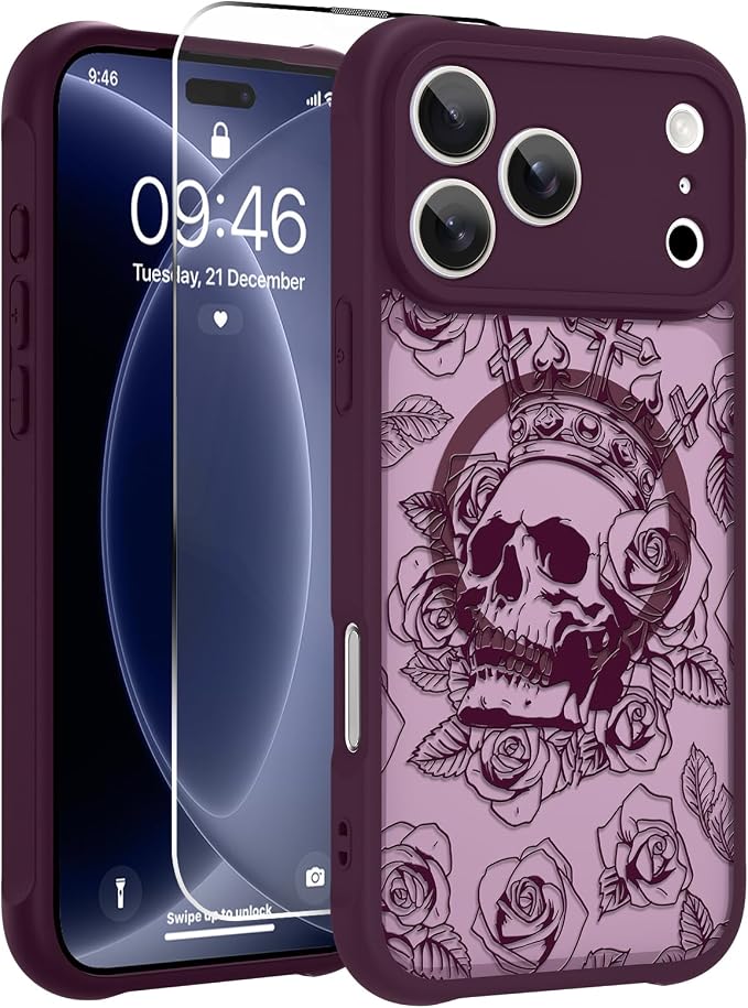 OOK Phone Case for iPhone 18 Pro Magnetic Burgundy Skull Folwers Design - Skull phone case