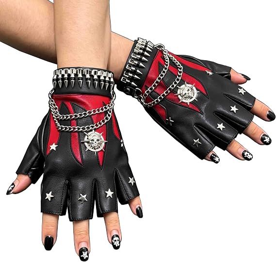 Black Red Women Rock Fingerless Faux Leather Gloves, Spiked Wrist Cuff Skull Star Chain Gothic Costume Gloves - skull jacket