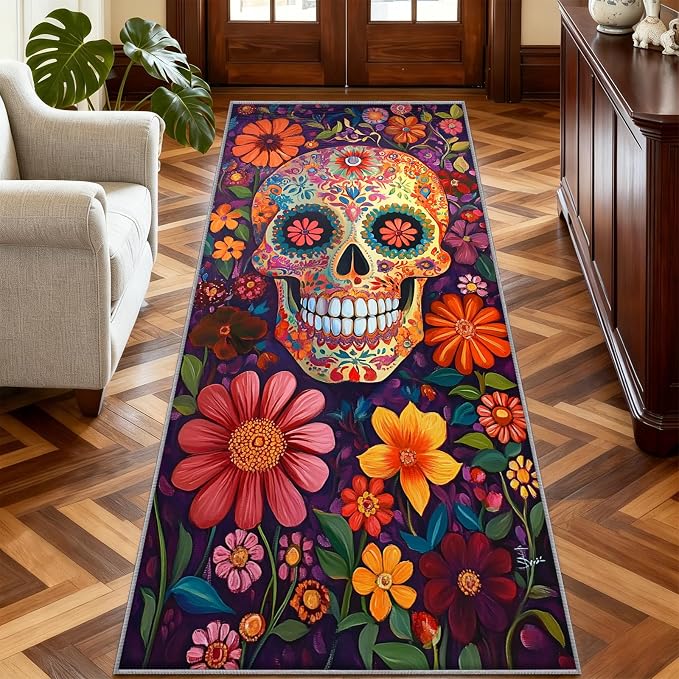 Sugar Skull Runner Rug 2x4 Dia De Los Muerto Sugar Skull Hallway Runner Rug - skull carpet