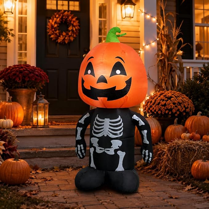 4FT Halloween Inflatable Skull Pumpkin Decoration with LED Lights, Cute Pumpkin Head Skeleton Blow Up Outdoor Yard Decor for Lawn, Garden, Porch, Halloween Party and Festival Display