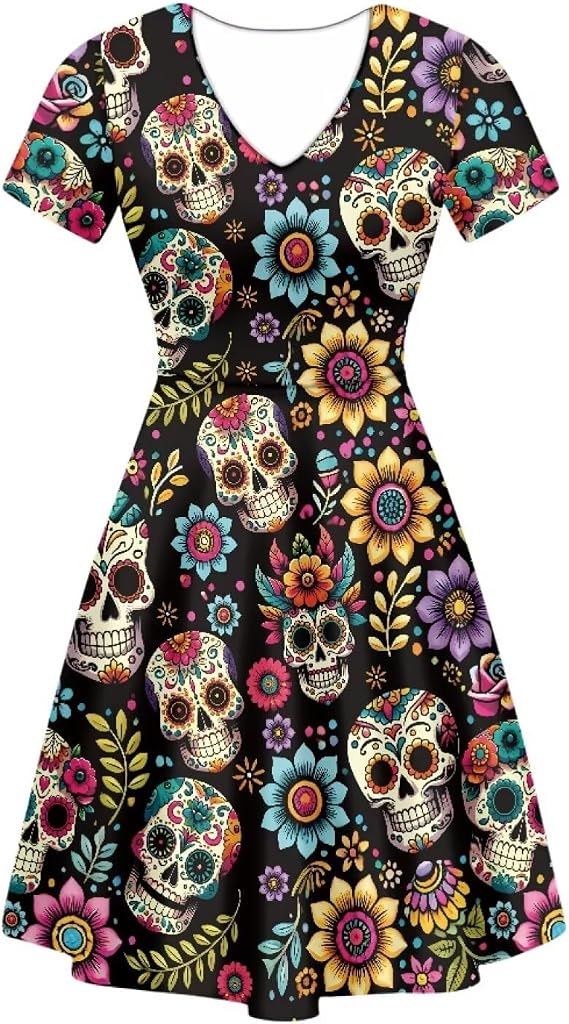 Short Sleeve Midi Dress for Women Plus Size V Neck a Line Fit and Flare Dresses Party Costumes