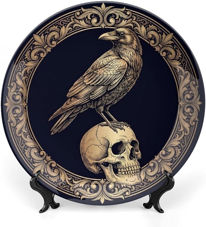 Decorative Plates for Display Halloween Decor Raven Skull 8 Inch