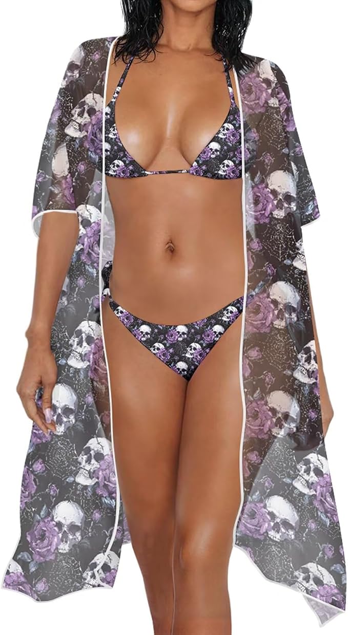 Bikini Sets for Women with Cover Up 3 Piece Swimsuits Adjustable Beachwear - skull swimsuit