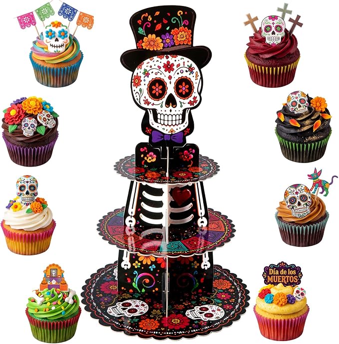 1 Pack Day of The Dead Cupcake Stand Día De Los Muertos Decorations - skull plate