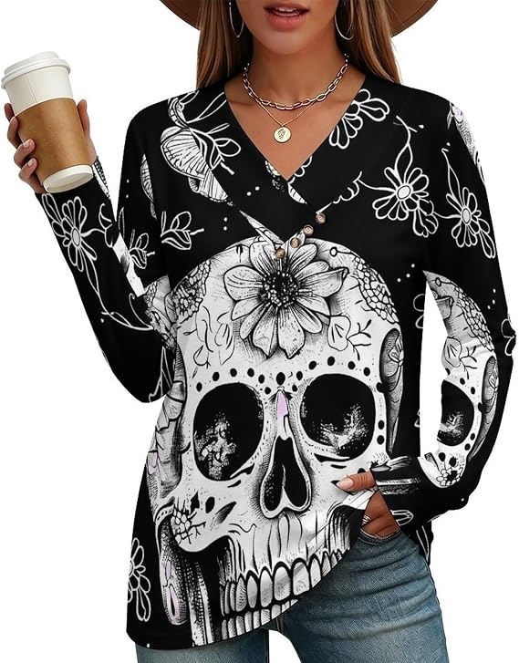 Dead Sugar Skull Women's Long Sleeve V Neck Shirts Small - skull leggings