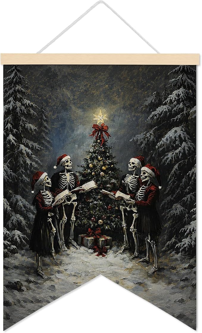 LARNDUMAMA Gothic Christmas Skeleton Wall Art Canvas Banner Decor, 12x16 In - skeleton