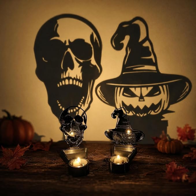 2 Pcs Acrylic Skull & Pumpkin Halloween Shadow Candle Holder Set - skull candle