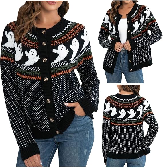 Halloween Sweaters for Women Cardigan Holiday Oversized Graphic Long Sleeve Button Down Knit Fall Sweater Tops 2026 - skull jacket