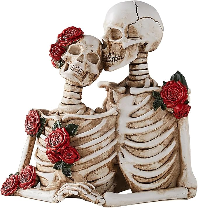 Gothic Skeleton Couple Figurine Statues for Home Decor,Resin Skull Decor Halloween Decoration for Dark Romance Decor,Goth Wedding for Him and Her,Unique Gift for Couples(Red-B) - skull figurine