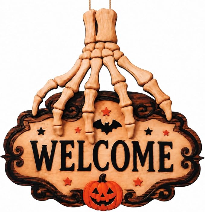 Halloween Front Door Decor Skull Skeleton Wreath Sign Hanging for Home Wall - skull wreath