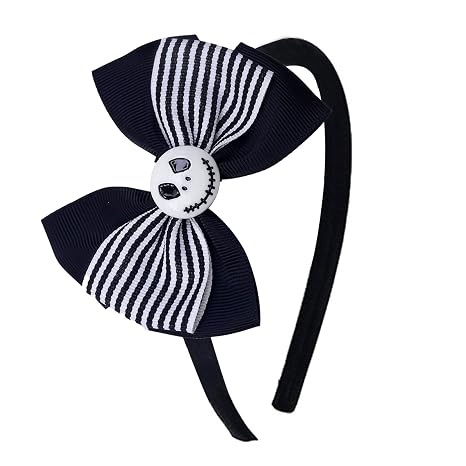Halloween Skull Bow Headband Black White Striped Grosgrain Hairband - skull headband
