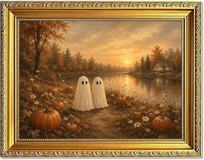Vintage Gold Framed Ghost Wall Art, Halloween Ghosts Pumpkins Canvas Print - skull wall art
