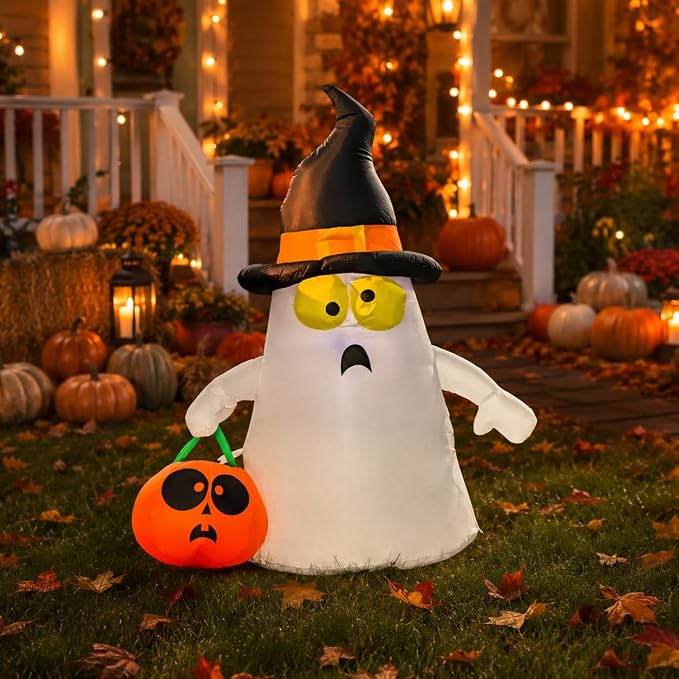 4FT Halloween Inflatable Decoration with LED Lights, Blow Up Outdoor Yard Decor for Lawn, Garden, Porch, Halloween Party and Holiday Display (Ghost) - skull inflatable