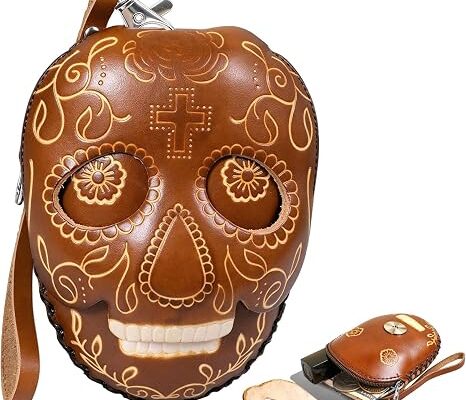 Sugar Skull Coin Purse, Day of the Dead Skull Wallet with Wrist Strap, Gothic Embossed Faux Leather Mini Pouch for Women, Small Zippered Change Purse for Keys, Cash, Cards (Brown)