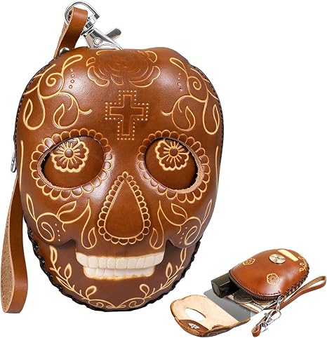 Sugar Skull Coin Purse, Day of the Dead Skull Wallet with Wrist Strap, Gothic Embossed Faux Leather Mini Pouch for Women, Small Zippered Change Purse for Keys, Cash, Cards (Brown) - sugar skull handbags for sale