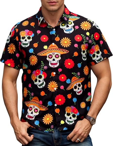 Men Halloween Shirt Pumpkin Short Sleeve Button Down Holiday Shirts - skull tshirt
