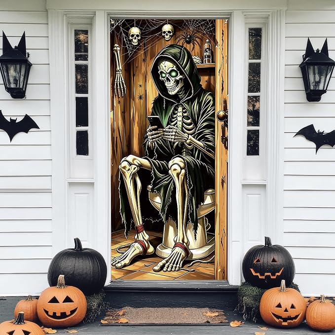 Skeleton Halloween Door Cover, Funny Halloween Restroom Door Decoration - skull toilet paper