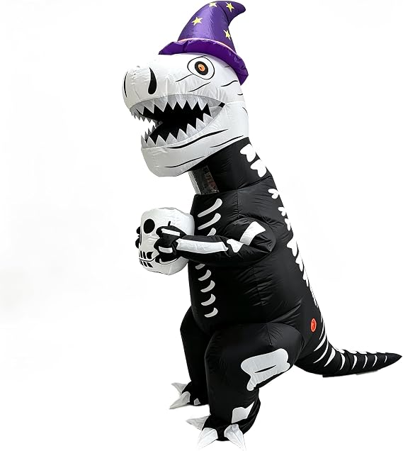 2.4M Inflatable Skeleton Dinosaur Costume with Wizard Hat Blow‑up Halloween Dinosaur Suit with Clear Viewing Window Skull Candy Bucket for Adult Cosplay Parties Trick‑or‑Treat Fun - skull inflatable