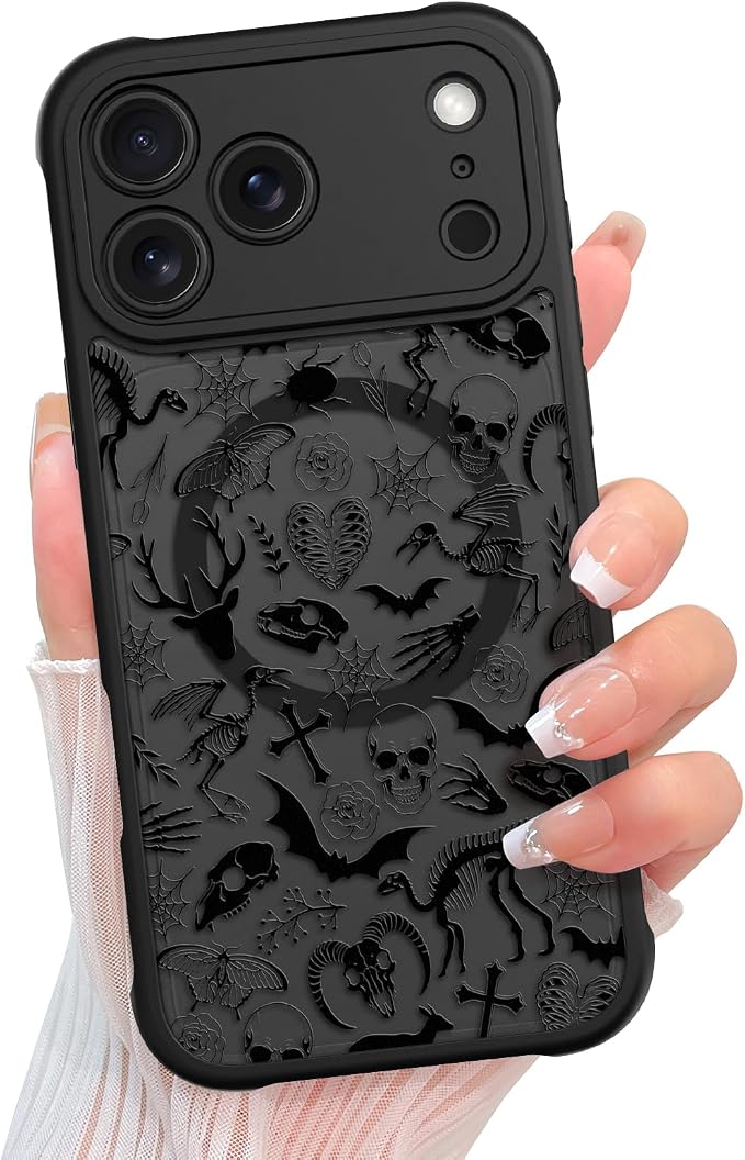 KANGHAR Magnetic Case Designed for iPhone 18 Pro Max, Black Gothic Skull - Skull phone case