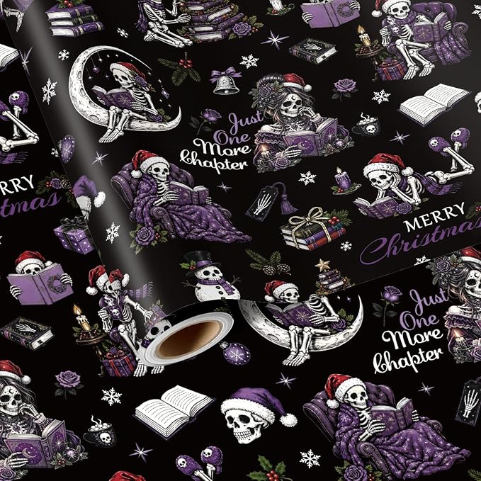 Gothic Skeleton Reading Christmas Wrapping Paper Roll, Goth Bookish Gift Wrap with Skull Design, Spooky Dark Xmas Holiday Gift Wrap for Book Lovers Bookworms Creepmas Xmas Party , 17 In x 16.4 Ft - skeleton