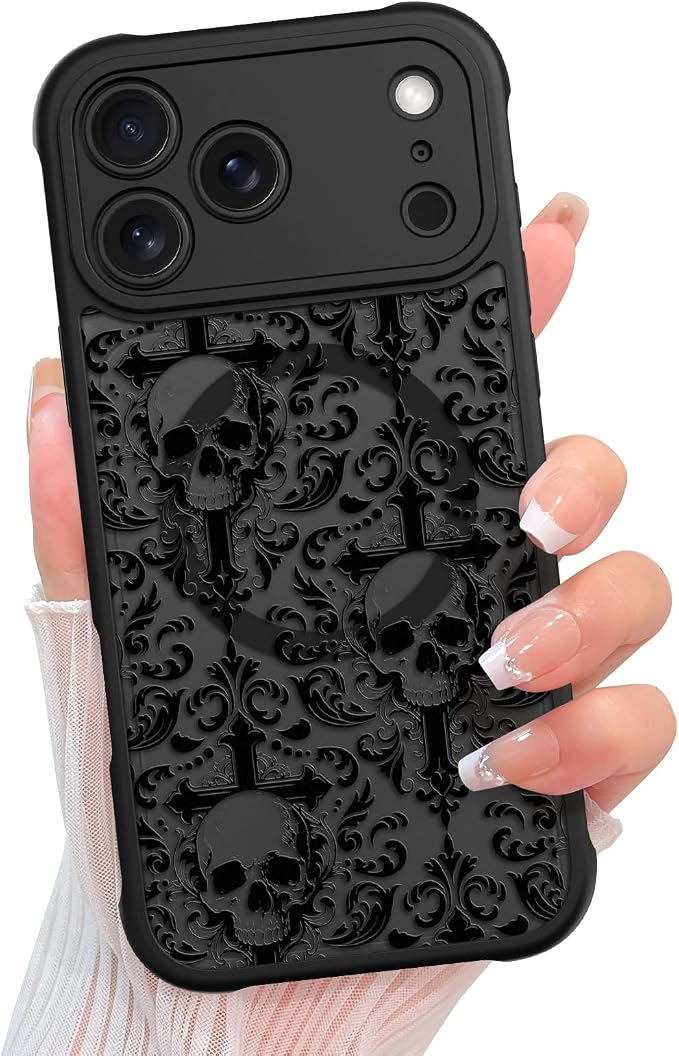 KANGHAR Magnetic Case Designed for iPhone 18 Pro Max, Black Skull Cross - Skull phone case