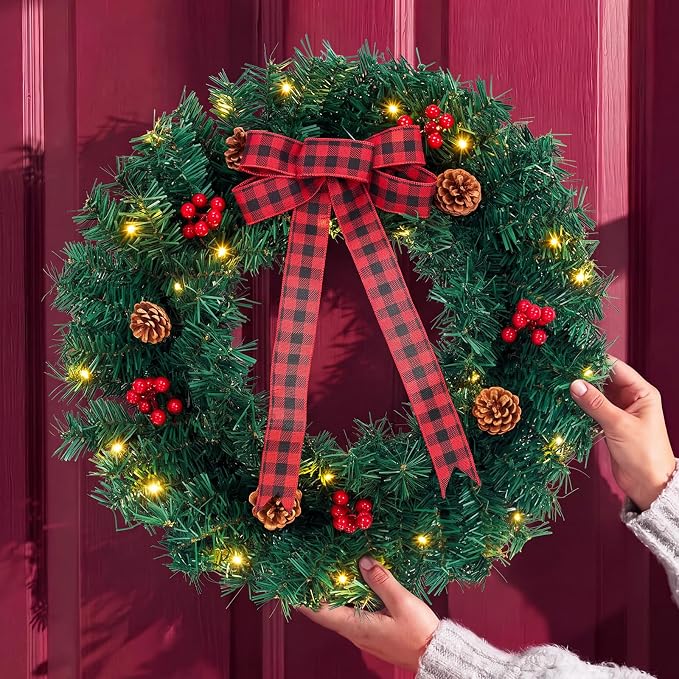 Garvee Pre-Lit Christmas Wreath Xmas Battery Decor with Pinecones & Bow 18" - skull wreath