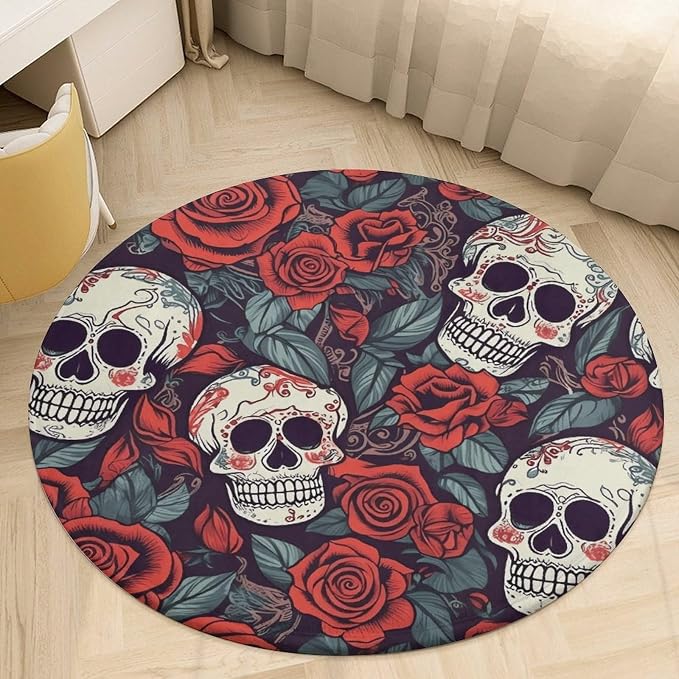 Sugar Skulls Round Area Rug Non Slip Round Carpet Gripper - skull carpet